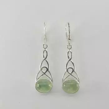 Серьги-подвески из натурального зеленого овального пренита из серебра 925 пробы