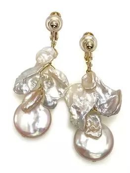 Серьги-подвески из пресноводного жемчуга в форме монеты и лепестка с силиконовым покрытием и натуральным энергетическим камнем A1037 [Вишня] Покрытие, Камень, белый