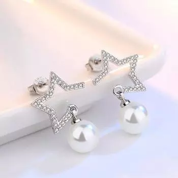 Серьги-подвески из стерлингового серебра 925 пробы с блестящим цирконом в форме звезды, жемчужные серьги для женщин, ювелирные изделия S-E225