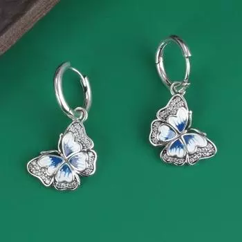 Серьги-подвески из стерлингового серебра 925 пробы с эмалью и бабочкой, сертифицированные ювелирные изделия, простые серьги с пряжкой из камня марказит, маленькие серьги E159 серебряный