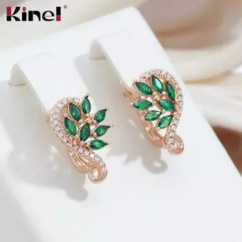 Серьги-подвески Kinel с блестящим зеленым цирконом и паве розового золота