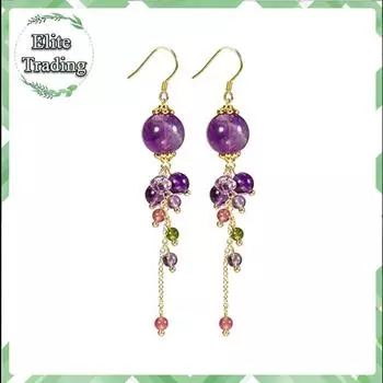 Серьги-подвески ручной работы из цельного серебра 925 пробы с аметистовыми бусинами и натуральным турмалином, серьги-подвески с кисточками для женщин и дам A pair of earrings