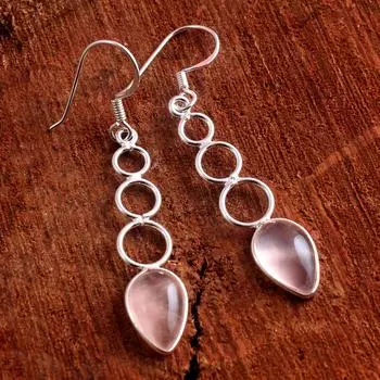 Серьги-подвески ручной работы из розового кварца с драгоценным камнем, ювелирные украшения из 100% стерлингового серебра 925 пробы розовый