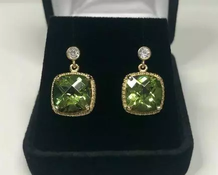 Серьги-подвески ручной работы с огранкой «кушон» из перидота, ювелирное изделие в подарок для нее