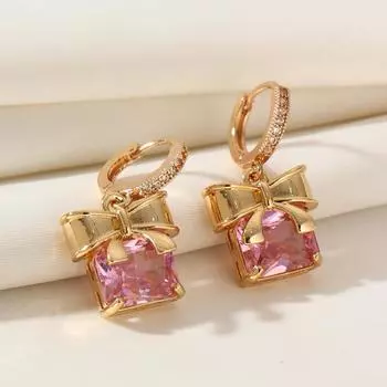 Серьги-подвески с бантом из розового циркония для женщин 2025 года, новые модные серьги-подвески, аксессуары для свадебной вечеринки золотой