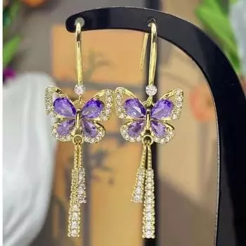 Серьги-подвески с фиолетовым камнем и бриллиантами и бабочкой, кристаллами и цирконием для женщин