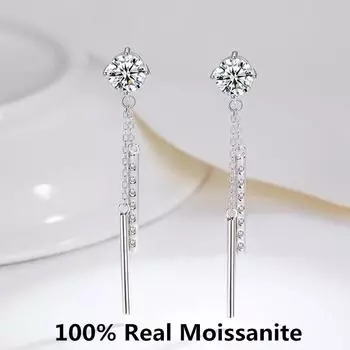 Серьги-подвески с кисточками из настоящего муассанита 1 CT, стерлинговое серебро 925 пробы, простые длинные шпильки с четырьмя когтями для дня рождения, изящные ювелирные изделия 1 ct total 2 ct