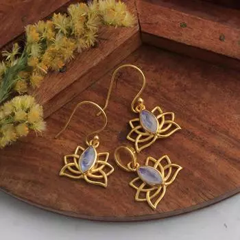 Серьги-подвески с лунным камнем и лотосом, желтое золото, серебро 925 пробы, ювелирные изделия с июньским камнем жёлтый/золотой