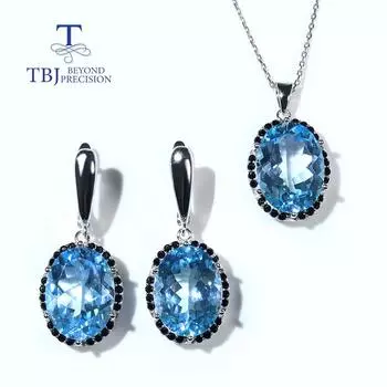 Серьги-подвески с небесно-голубым топазом большого размера, комплект ювелирных изделий овальной огранки 12*16 мм, 36 карат, настоящий бразильский драгоценный камень, блестящие изысканные ювелирные изделия, женское серебро 925 пробы L синий