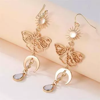 Серьги-подвески с подвесками в виде ретро-мотыльков, луны, солнца, дамские, с индивидуальным шармом, с комбинированным вырезом и узором