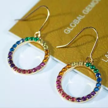 Серьги-подвески с разноцветными кубическими цирконами, позолоченные 14-каратным золотом, радужные серьги-подвески разноцветный