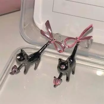 Серьги-подвески с розовым бантом в виде черного кота, серьги со стразами в форме сердца для женщин, милые модные ювелирные изделия, аксессуары, подарки чёрный