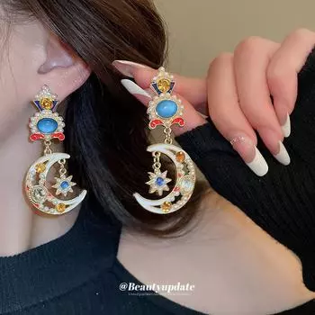 «Серьги-подвески «Серебряная игла» в стиле ретро с каплями масла, бриллиантами, звездами и лунным жемчугом — французский элитный стиль» Silver Needle золотой