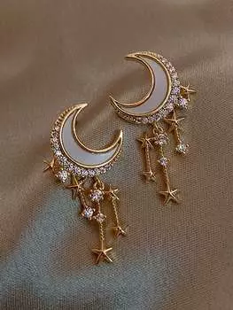 Серьги-подвески со стразами и луной и звездами золотой