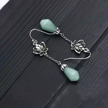 Серьги-подвески в этническом стиле с посеребренными лотосами и камнями из искусственного нефрита для повседневного ношения и ретро-шарма