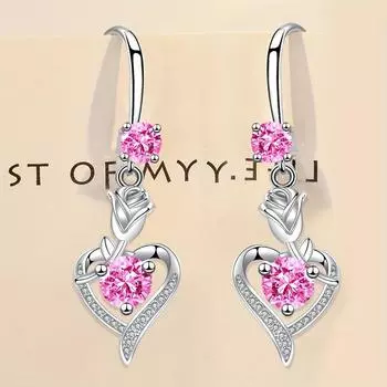 Серьги-подвески в форме сердца серебряного цвета для свадьбы, романтические женские серьги-аксессуары, блестящие круглые серьги с белым розовым аквамариновым камнем и цветочными розами белый