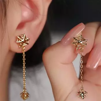 Серьги-подвески в стиле панк-хэллоуин с паутиной для женщин, золотые серьги-пауки с длинной цепочкой, готические вечерние ювелирные изделия для фестиваля, подарки золотой