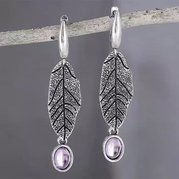 Серьги-подвески в стиле ретро с простой текстурой листьев, персонализированные креативные овальные серьги с геометрической инкрустацией и драгоценными камнями.