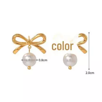 Серьги-подвески в виде банта из 18-каратного золота с жемчугом и нержавеющей сталью: Европейский/американский модный дизайн корпуса из титановой стали с жемчужным узором