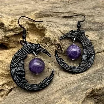 Серьги-подвески в виде богини Солнца и Луны, женские, готические, фиолетовые, с кристаллами и черной луной, ювелирные изделия