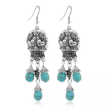 Серьги-подвески в виде черепа на Хэллоуин в стиле ретро с преувеличенным панковским бирюзовым узором