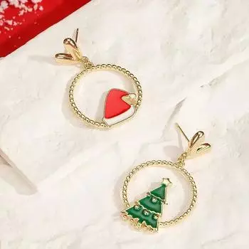 Серьги-подвески в виде елки и шапки Санты