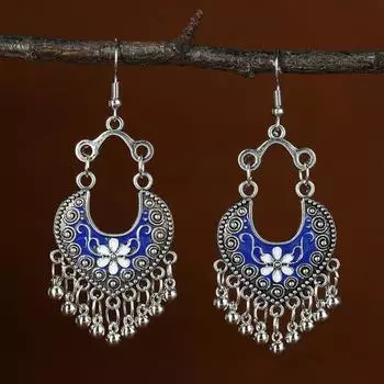 Серьги-подвески в виде колокольчиков из сплава в стиле ретро, серьги-серьги из непальского серебра с гравировкой синий