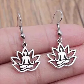 Серьги-подвески в виде круглого лотоса с подвеской в виде лотоса, простого дизайна, античного серебряного цвета, символа йоги Ом Buddha