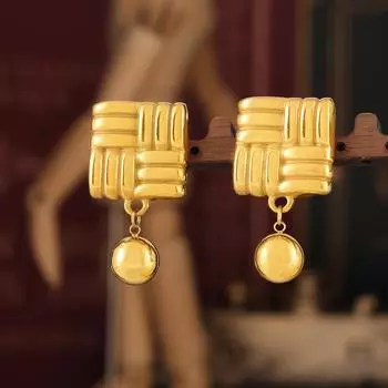 Серьги-подвески в виде квадратного шара с фактурой ретро-вязаного бренда, покрытые 18-каратным золотом, титановой сталью, модные персонализированные серьги с бахромой