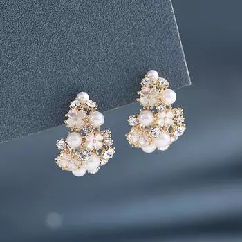 Серьги премиум-класса S925 Silver Needle Hollow C-образные полукольца Серьги Pearl Shell White Flower