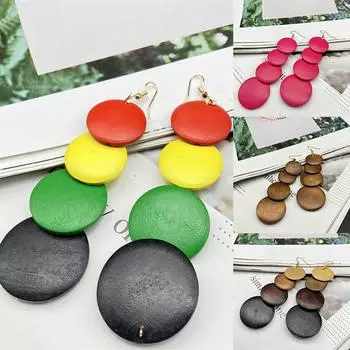 Серьги Primitive Wind Круглые деревянные геометрические серьги Этнический стиль Ретро-серьги Красочные 11*3.5cm чёрный