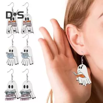 Серьги-привидения на Хэллоуин, серьги-призраки из дерева, держащие книгу, украшения для вечеринки на Хэллоуин для женщин, макияж и повседневная одежда C