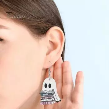 Серьги-привидения на Хэллоуин, серьги-призраки из дерева, держащие книгу, украшения для вечеринки на Хэллоуин для женщин, макияж и повседневная одежда A