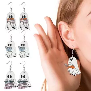 Серьги-привидения на Хэллоуин, серьги-призраки из дерева, держащие книгу, украшения для вечеринки на Хэллоуин для женщин, макияж и повседневная одежда C