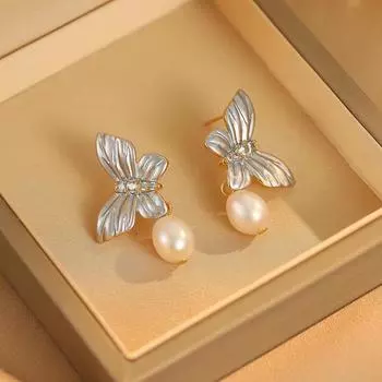 Серьги-пусеты из натурального пресноводного жемчуга, женские серьги-бабочки, высококачественная бижутерия, темпераментные модные серьги 18K