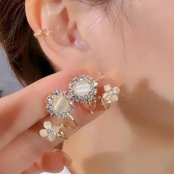 Серьги-пусеты из серебра 925 пробы с камнем «кошачий глаз» в форме цветка - Элегантный, модный и универсальный дизайн для женщин