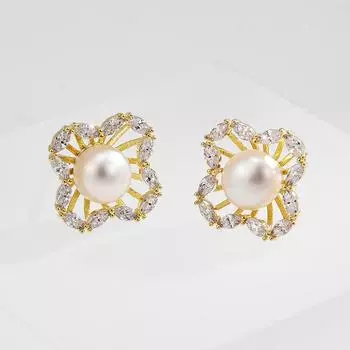Серьги-пусеты из стерлингового серебра 925 пробы с пресноводным жемчугом, в форме цветка, с цирконом, модные, высококлассные, серьги в стиле легкой роскоши золотой