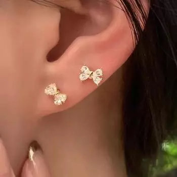 Серьги-пусеты из стерлингового серебра с бантом и бриллиантами S925 Silver