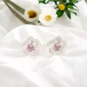 Серьги-пусеты ручной работы из штампованного серебра 925 пробы с натуральным морганитом в форме цветка 0,5 EE-157-3