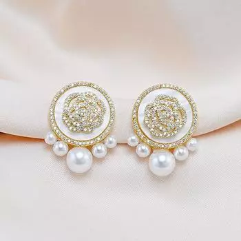 Серьги-пусеты с микро-инкрустацией цирконом и жемчугом, простые нишевые серьги высокого класса, серьги в стиле ретро с темпераментом розы и нежные 14k белый