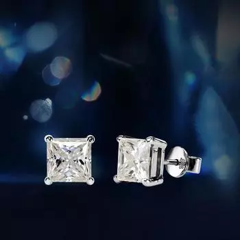 Серьги-пусеты с муассанитами огранки «принцесса» 1,10 карата с покрытием из настоящего 14-каратного белого золота, подарок белый