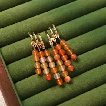 Серьги-пусеты с тремя зажимами на одно ухо, длинные серьги с бахромой из агата, нишевый дизайн, изысканные серьги-китайское платье для женщин