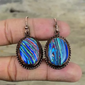 Серьги радужной кальциевой соли, гальванопластические медные серьги с драгоценными камнями, серьги ручной работы, медные украшения, элегантные серьги, серьги-подвески, подарки для нее