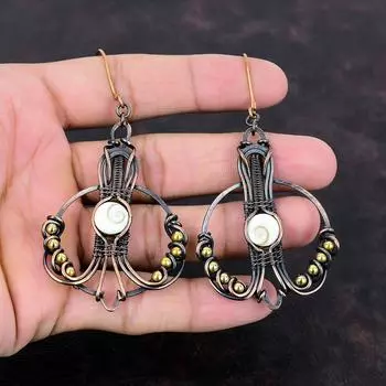 Серьги-ракушки в виде глаз Шивы, серьги из медной проволоки, уникальные серьги, медные украшения, серьги с драгоценными камнями, проволочные украшения ручной работы, подарок на годовщину