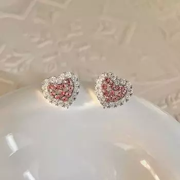 Серьги Розовая Любовь с Полными Бриллиантами Супер Сказочные Сердечки Милый Японский Стиль