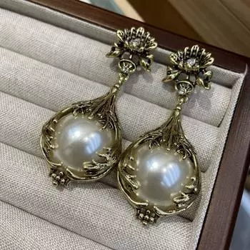 Серьги-розы с жемчугом в стиле барокко, латунные старинные серьги в стиле ретро классика OL