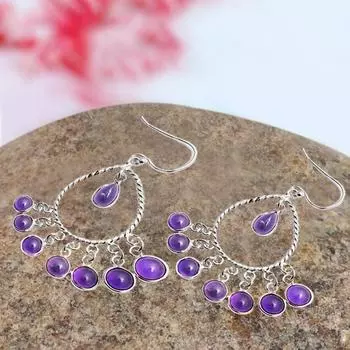 Серьги ручной работы для женщин с аметистовым камнем, серебро 925 пробы, подарок на годовщину, серьги с камнем по дате рождения