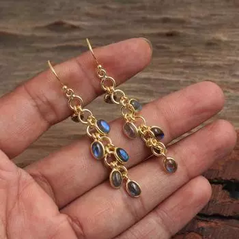 Серьги ручной работы из 100% стерлингового серебра 925 пробы с желтым золотом, лабрадорит, цитрин, перидот, драгоценный камень синий