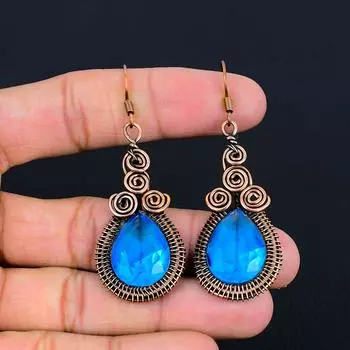 Серьги ручной работы из чистой медной проволоки с синим топазом, ювелирные изделия на День памяти 2.68 Inches синий