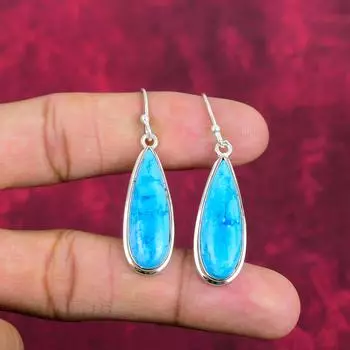 Серьги ручной работы из голубого бирюзового драгоценного камня, антикварные ювелирные серьги из стерлингового серебра 925 пробы, для подарка на помолвку 1.97 Inches синий